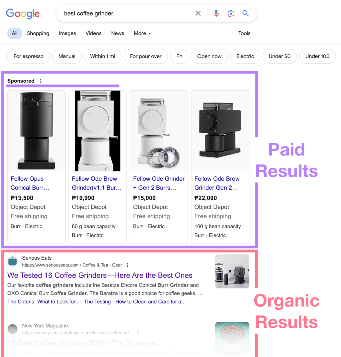 Google search results showing paid search results and organic search results.